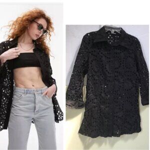Samuel Dong Eyelet Embroidered Lace Cotton Shirt Tunic Buttons Slits Black Top S